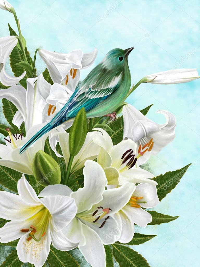 Petit Oiseau Bleu Sur Un Fond Blanc Fleurs Lys