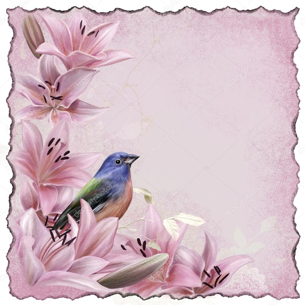 Floral background vintage flowers pink lilies and blue bird