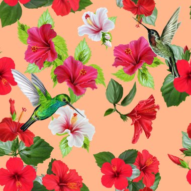Hibiscus çiçek deseni, kırmızı ve beyaz, kuş sinek kuşu