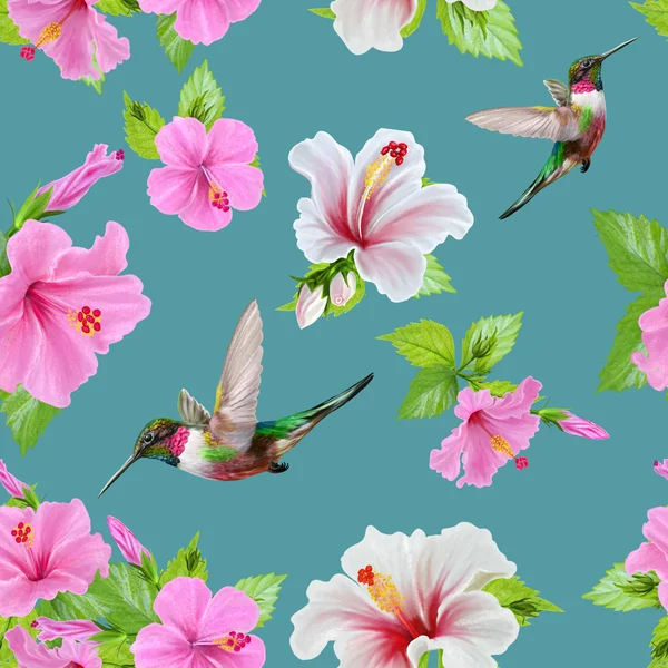 Kwiatowy wzór hibiscus różowy i biały ptak koliber — Zdjęcie stockowe
