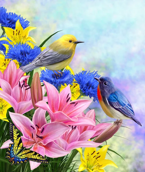 Две маленькие птицы, сидящие на фоне цветущих розовых и — стоковое фото