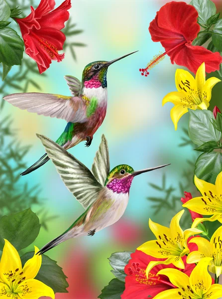 Two little birds hummingbirds on a background of red flowering h — Stock Photo, Image