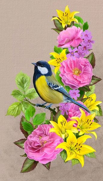 Tit bird on a branch of pink roses — Stockfoto