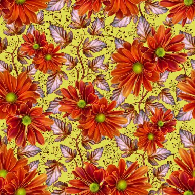 çiçek desenli sonbahar yaprakları, kasımpatı çiçekleri