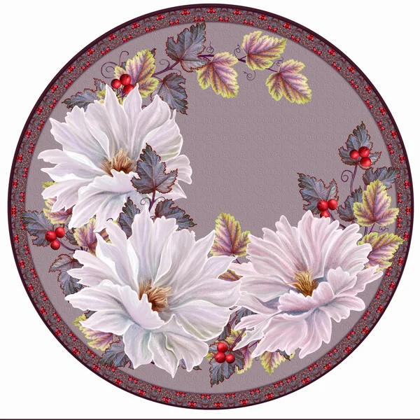 Painting.Stylized witte en roze bloemen in cirkel. — Stockfoto