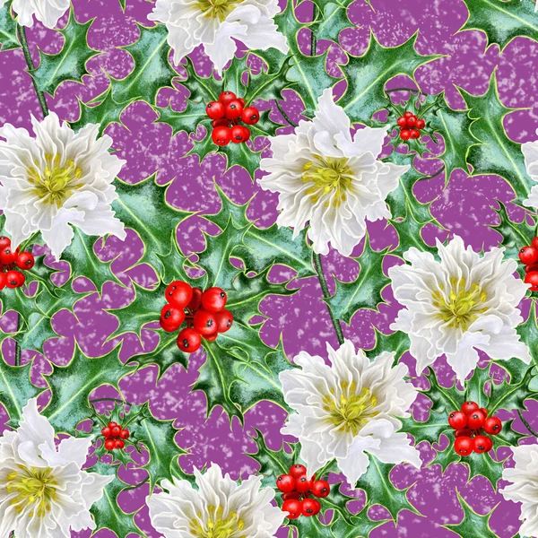 floral seamless pattern Christmas rose, Christmas berry