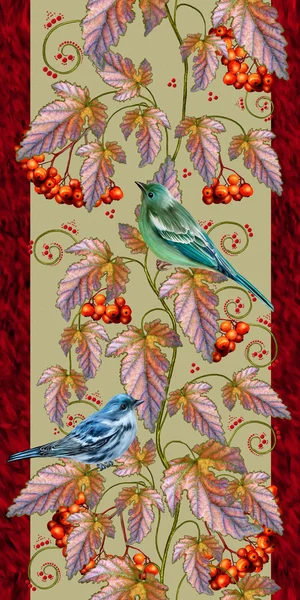 Vertical flower border autumn leaves, blue bird, rowan berries, — Stock Photo, Image