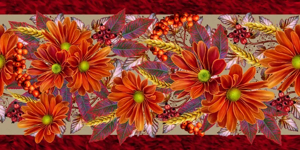 Borde de la flor horizontal rojo crisantemos, hojas de otoño, rojo — Foto de Stock