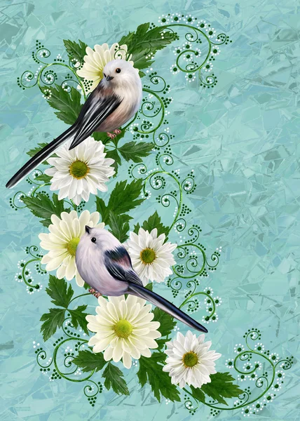 Dois pequenos pássaros brancos em flores de crisântemo branco, compositi — Fotografia de Stock