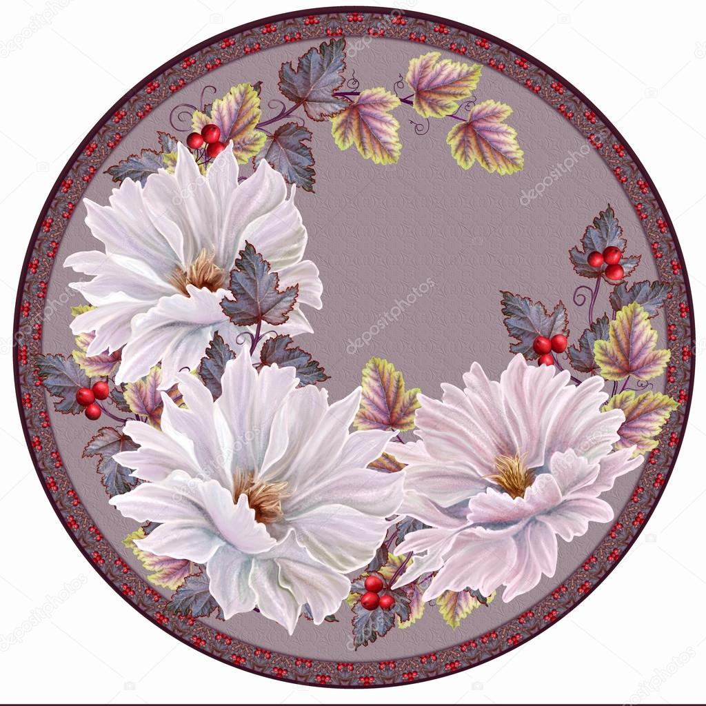 Painting.Stylized white and pink flowers in circle.