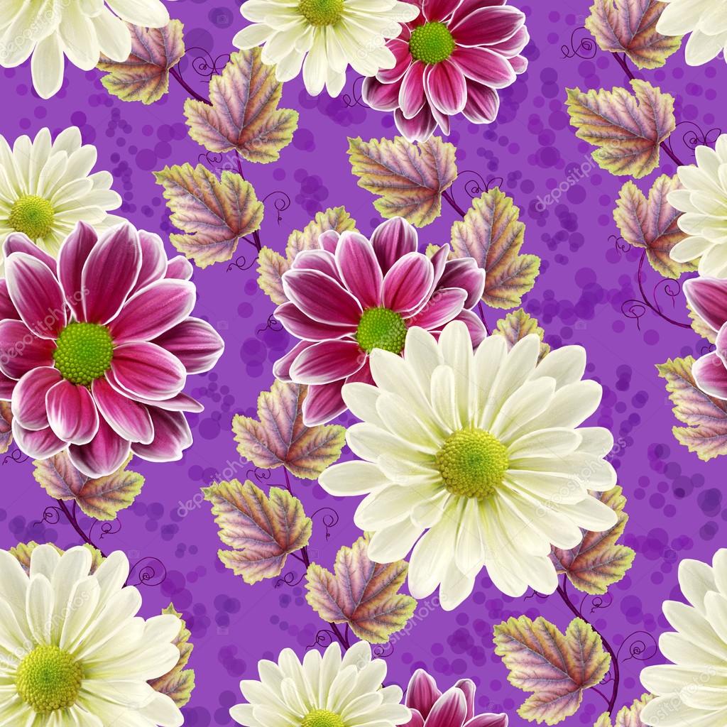 Floral seamless pattern autumn leaves, chrysanthemum flowers Stock Photo by ©sokolova_ 99874696