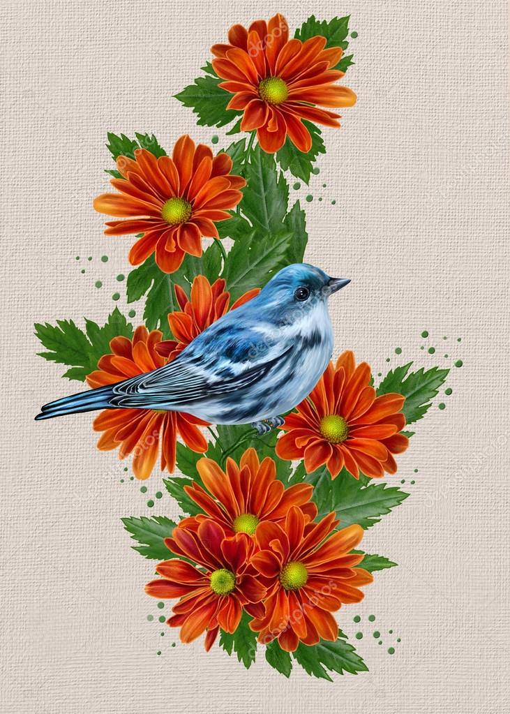 Petit Oiseau Bleu Sur Un Fond De Fleur Doranger Automne