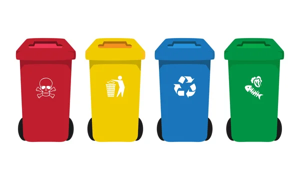 Wiele kolorów wheelie pojemników z odpadami ikona ilustracja koncepcja zarządzania odpadami — Wektor stockowy