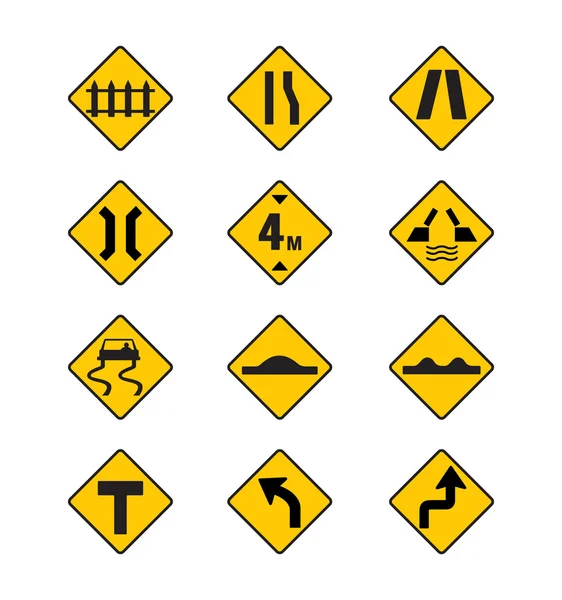 Sinais de estrada amarelos, conjunto de vetor de sinais de tráfego — Vetor de Stock
