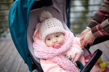 Sonbahar parkında bebek arabasında yürüyüş. Mavi sandalyede oturan, sıcak giysili sevimli küçük kız. Bebek arabasında meme ucu olan çocuk