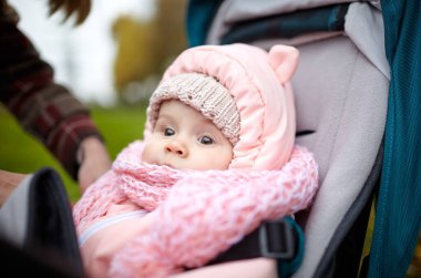 Sonbahar parkında bebek arabasında yürüyüş. Mavi sandalyede oturan, sıcak giysili sevimli küçük kız. Bebek arabasındaki çocuk
