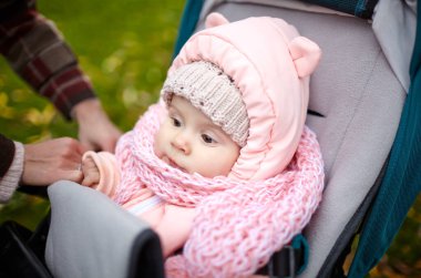 Sonbahar parkında bebek arabasında yürüyüş. Mavi sandalyede oturan, sıcak giysili sevimli küçük kız. Bebek arabasındaki çocuk