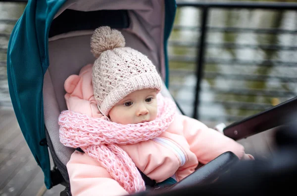 在秋天公园散步的婴儿车里 可爱的小女孩穿着暖和的衣服 坐在蓝色的推椅上 婴儿车里的儿童 — 图库照片