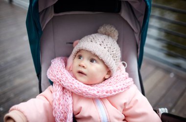 Sonbahar parkında bebek arabasında yürüyüş. Mavi sandalyede oturan, sıcak giysili sevimli küçük kız. Bebek arabasındaki çocuk