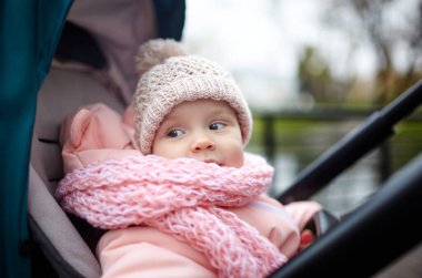 Sonbahar parkında bebek arabasında yürüyüş. Mavi sandalyede oturan, sıcak giysili sevimli küçük kız. Bebek arabasındaki çocuk
