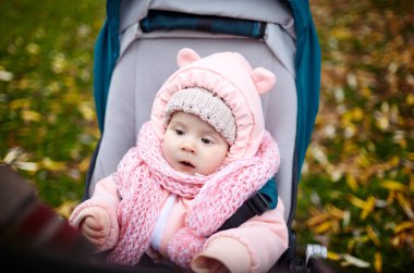 Sonbahar parkında bebek arabasında yürüyüş. Mavi sandalyede oturan, sıcak giysili sevimli küçük kız. Bebek arabasındaki çocuk