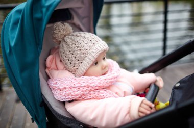 Sonbahar parkında bebek arabasında yürüyüş. Mavi sandalyede oturan, sıcak giysili sevimli küçük kız. Bebek arabasındaki çocuk