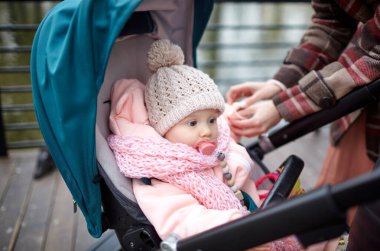 Sonbahar parkında bebek arabasında yürüyüş. Mavi sandalyede oturan, sıcak giysili sevimli küçük kız. Bebek arabasında meme ucu olan çocuk