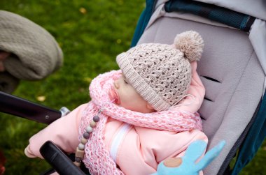 Sonbahar parkında bebek arabasında yürüyüş. Mavi sandalyede oturan, sıcak giysili sevimli küçük kız. Bebek arabasında meme ucu olan çocuk