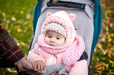 Sonbahar parkında bebek arabasında yürüyüş. Mavi sandalyede oturan, sıcak giysili sevimli küçük kız. Bebek arabasındaki çocuk