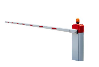 Kırmızı beyaz kapı bariyeri, kesme yolu ile beyaz arka planda izole edildi. Otomatik kontrol güvenlik engeli. Otomatik park girişi. Tasarım için, gölge yok.