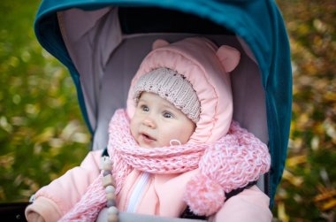 Sonbahar parkında bebek arabasında yürüyüş. Mavi sandalyede oturan, sıcak giysili sevimli küçük kız. Bebek arabasındaki çocuk