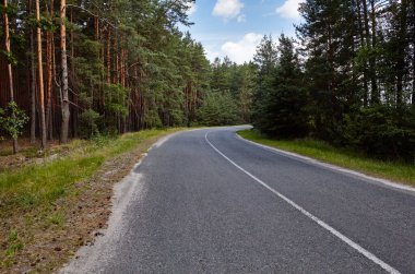 Asfalt kıvrımlı banliyö yolu. Kırsal Avrupa 'da bir viraj yolu