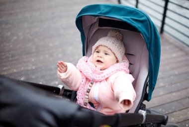 Bebek ağIıyor. Sonbahar parkında bebek arabasında yürüyüş. Mavi sandalyede oturan, sıcak elbiseli, sevimli küçük kız.