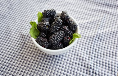 Beyaz bir kasede tatlı, olgun böğürtlenler. Antioksidan organik süper yiyecek, sağlıklı beslenme ve beslenme konsepti..