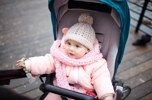 在秋天公园散步的婴儿车里 可爱的小女孩穿着暖和的衣服 坐在蓝色的推椅上 婴儿车里的儿童 — 图库照片