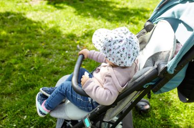 Bahar parkında bebek arabasında yürüyüş. Mavi sandalyede oturan sıradan giysili sevimli küçük kız. Bebek arabasındaki çocuk