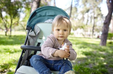 Bahar parkında bebek arabasında yürüyüş. Mavi sandalyede oturan sıradan giysili sevimli küçük kız. Bebek arabasındaki çocuk