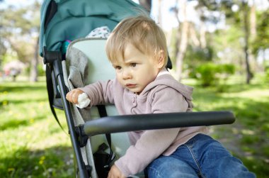 Bahar parkında bebek arabasında yürüyüş. Mavi sandalyede oturan sıradan giysili sevimli küçük kız. Bebek arabasındaki çocuk