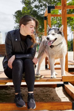 Sahibi kız parkta köpeğiyle dinleniyor. Bir köpekle bir kadının arkadaşlığı.