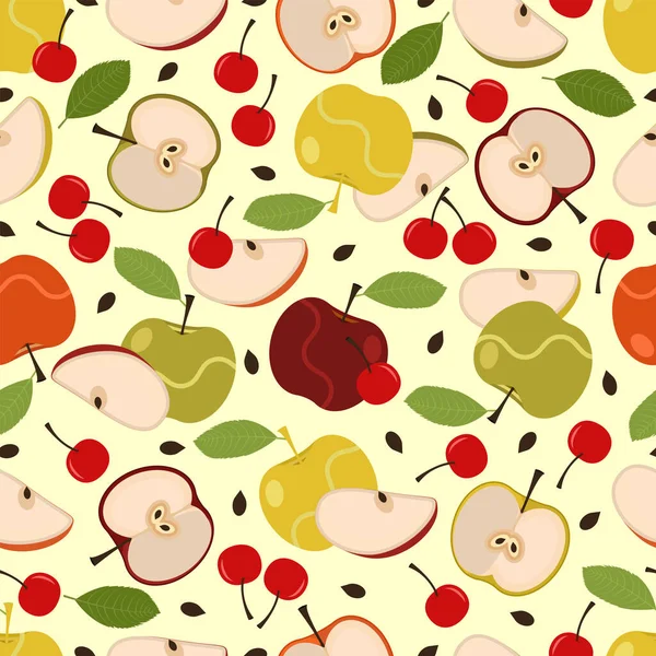 チェリーシームレスベクトルパターンデザインのカラフルなかわいいリンゴ 新鮮な有機健康的な果物の背景 — ストックベクタ