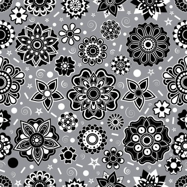 Kusursuz gri tonlu çiçekli mandala çiçek vektör deseni tasarımı