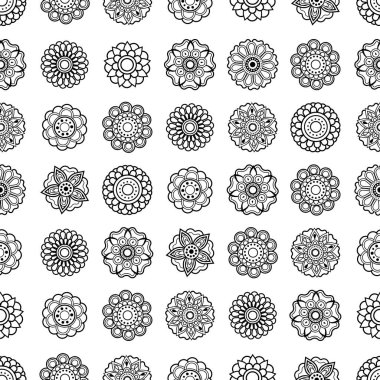 Siyah çiçek soyutu, daire dantel, süs, yuvarlak süs mandala, kar taneleri beyaz arkaplan dikişsiz vektör deseni tasarımı