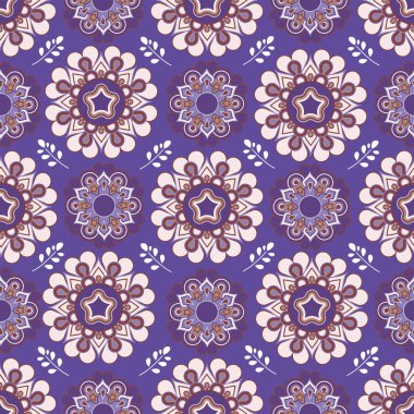 Geleneksel Arap tarzı çiçek süsü mandala çiçeği mavi arka planda dikişsiz vektör desenli bir yaprak ile. Duvar kâğıdı. Kart. Defter kapağı. Tekstil ve kumaş.