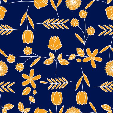 Koyu arkaplan üzerinde bahar sarısı çiçek deseni var. Tekstil, kumaş ve kart izi..