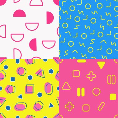 4 renkli geometrik soyut memphis arkaplan dikişsiz vektör deseni dizaynı.