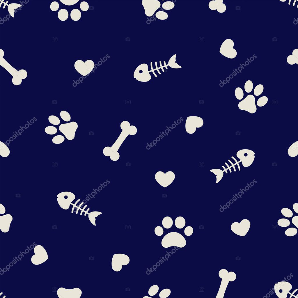 Dog and cat paw, fishbone, and heart vector illustration seamless background design.