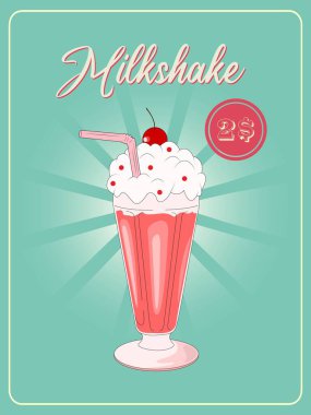Vektör çizimi. Retro pankart. Klasik poster. Mavi arka planda milkshake çizimi. Retro milkshake fiyatçısı