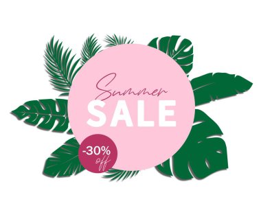 Yeşil palmiye yaprağıyla birlikte yaz indirimi için resim kartı afişi şablonu - şimdi% 30 indirimli