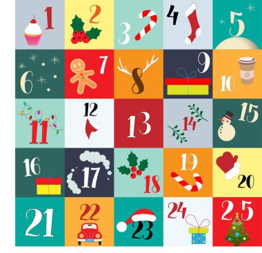 Vektör Noel takvimi. Tarihli kış tatili posteri. Noel için hoş bir süsleme. El yapımı elementler ve sayılar. Kış tatili takvimi kartları dizayn edildi