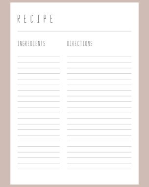 Yemek kitabı için modern tarif sayfası şablonu. Vektör İllüstrasyonu. Yazdırılabilir şablon. Boş beyaz defter sayfa A4